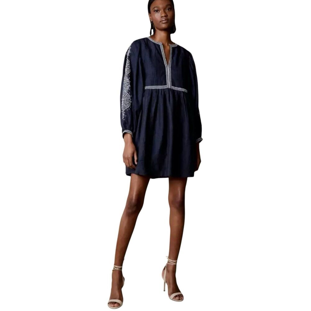 Banana Republic Navy Blue Yara Embroidered Linen Mini Dress Size XL
